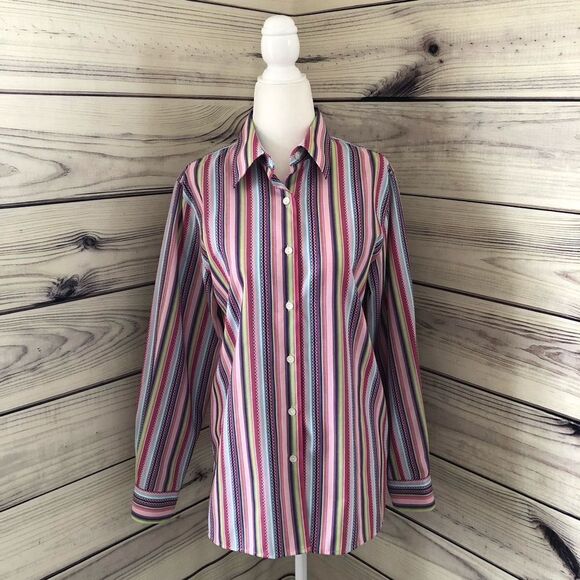 Foxcroft Colorful Striped Long Sleeve Button Down Shirt Wrinkle Free Size 4 - Picture 1 of 6